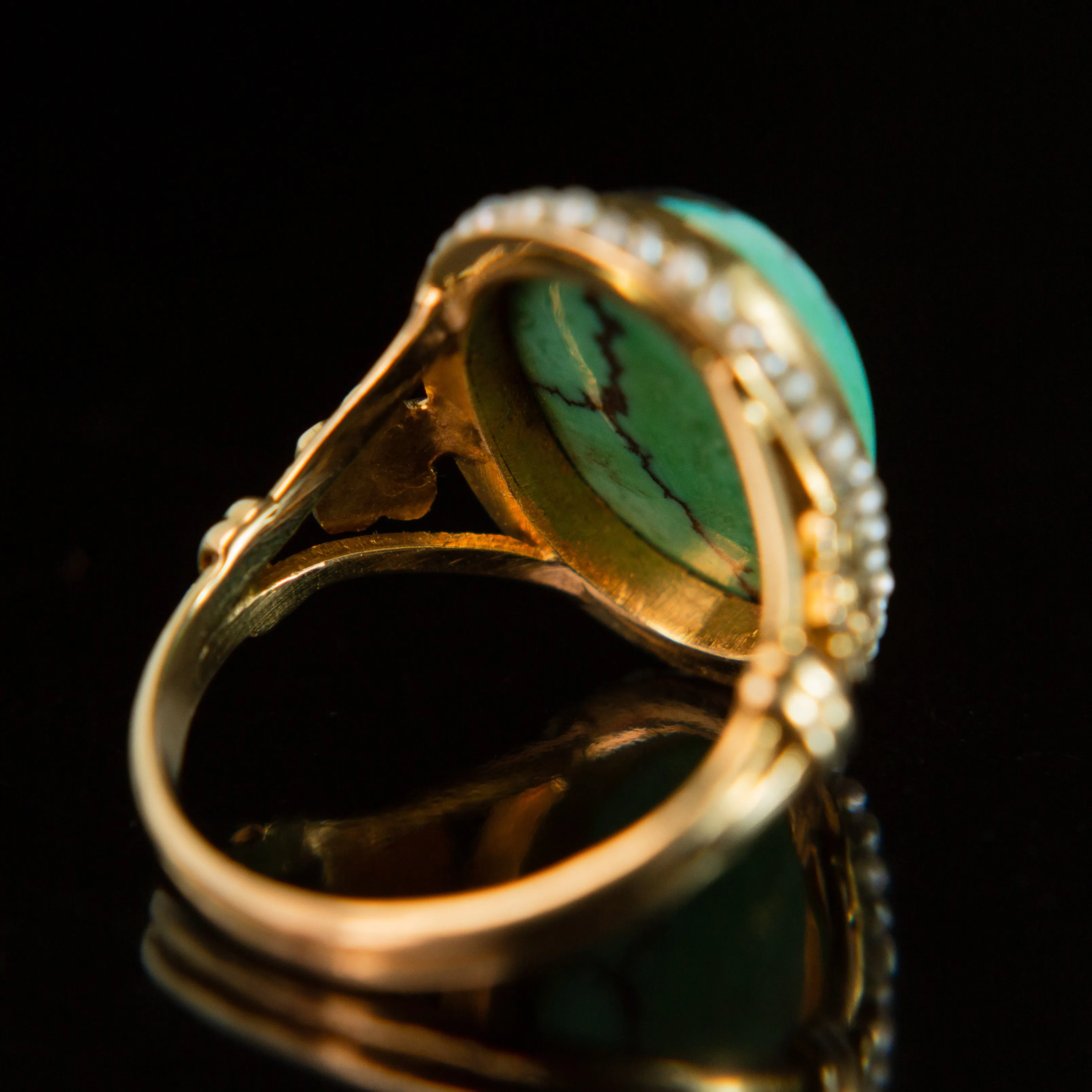 Turquoise Cabochon   Seed Pearl Halo Ring | 14k Gold
