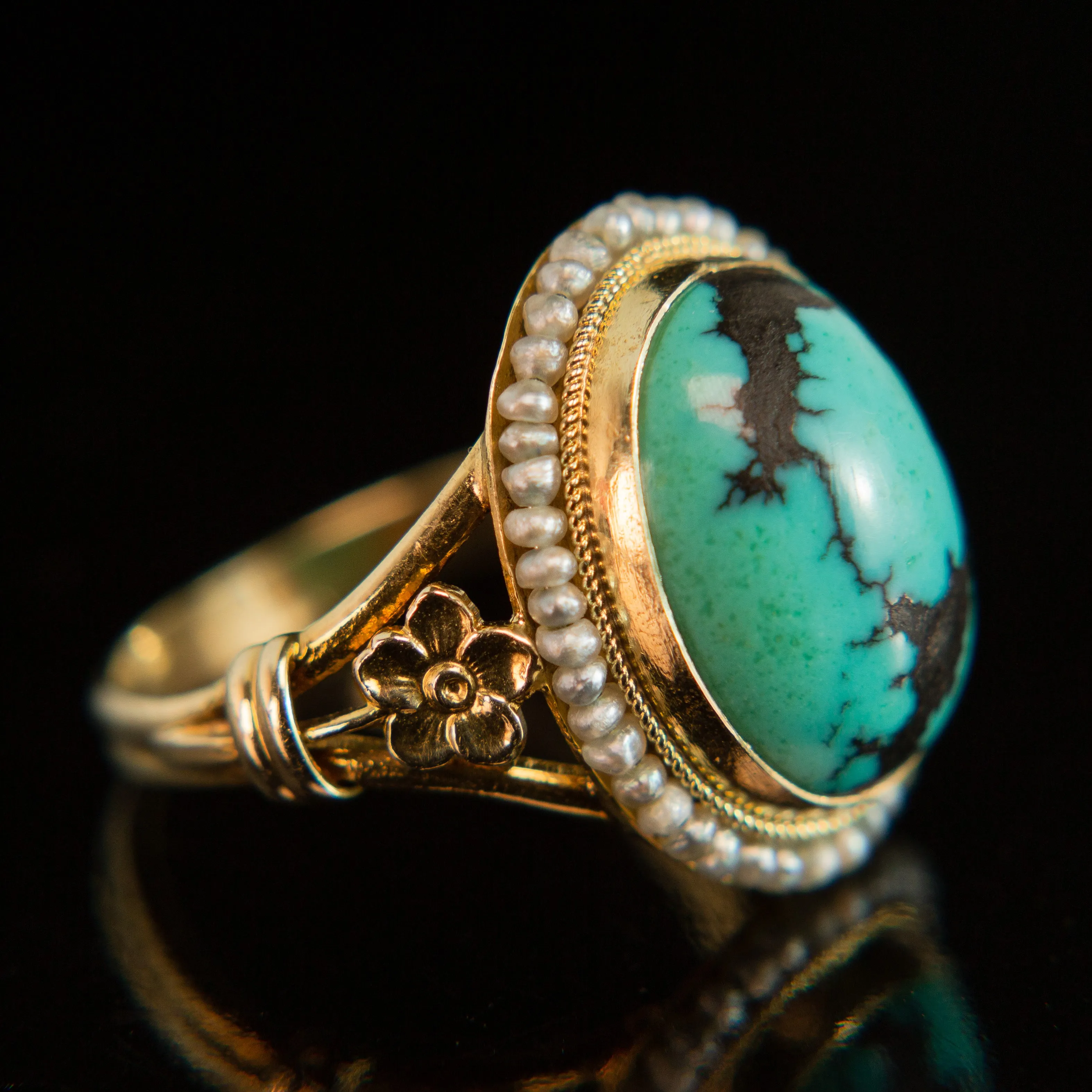 Turquoise Cabochon   Seed Pearl Halo Ring | 14k Gold