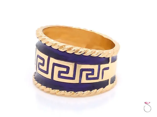 Vintage Designer MAZ Large Blue Enamel Cigar Ring in 14k Yellow Gold