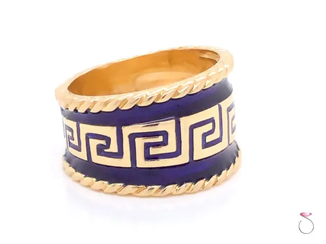 Vintage Designer MAZ Large Blue Enamel Cigar Ring in 14k Yellow Gold