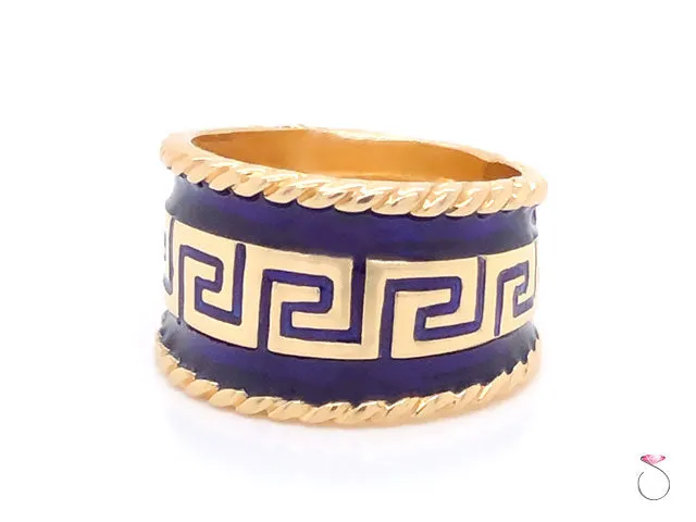 Vintage Designer MAZ Large Blue Enamel Cigar Ring in 14k Yellow Gold