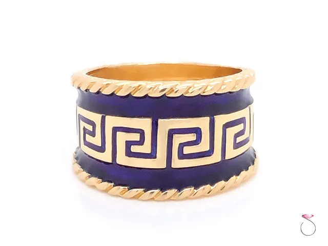 Vintage Designer MAZ Large Blue Enamel Cigar Ring in 14k Yellow Gold