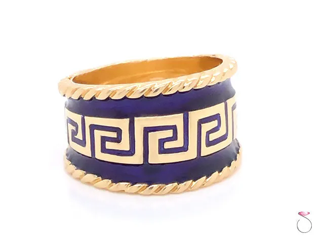 Vintage Designer MAZ Large Blue Enamel Cigar Ring in 14k Yellow Gold