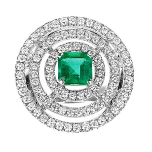 White Gold, Emerald and Diamond Bullseye Ring